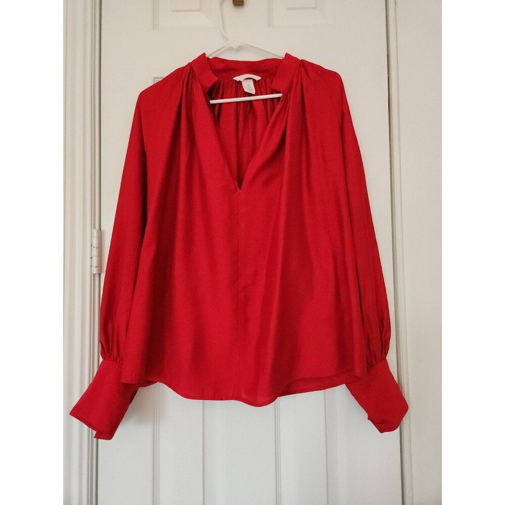 H&M Red Split Neck Balloon Sleeve Blouse Pearl Button Cuff Womens Medium
